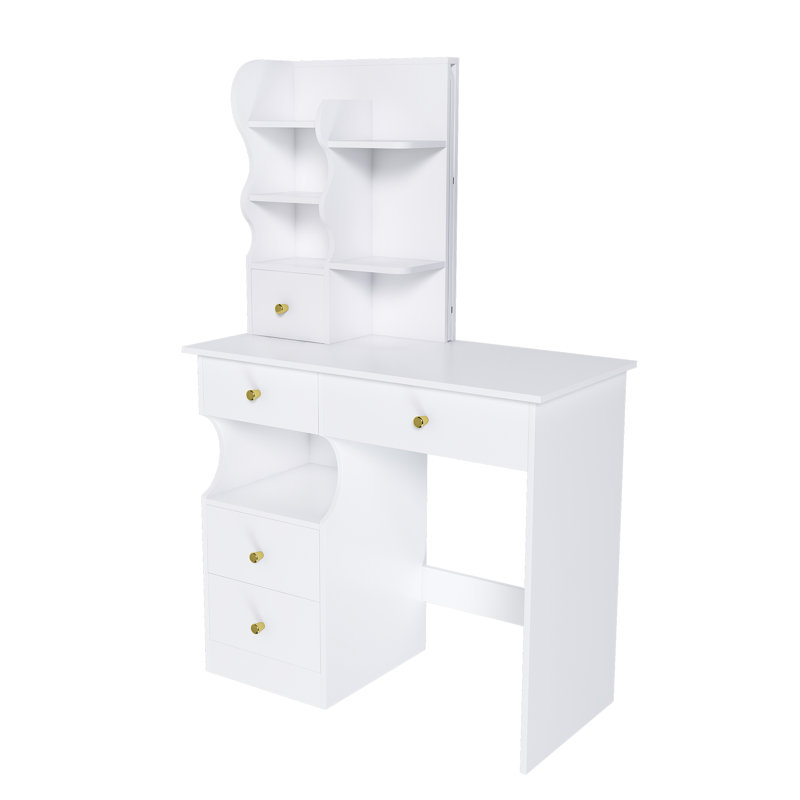 Coiffeuse à 5 tiroirs avec miroir caché et mobile, écran tactile 3 couleurs, idéal pour l'organisation de la chambre à coucher avec éclairage à DEL blanc rétractable, grand espace pour les yeux