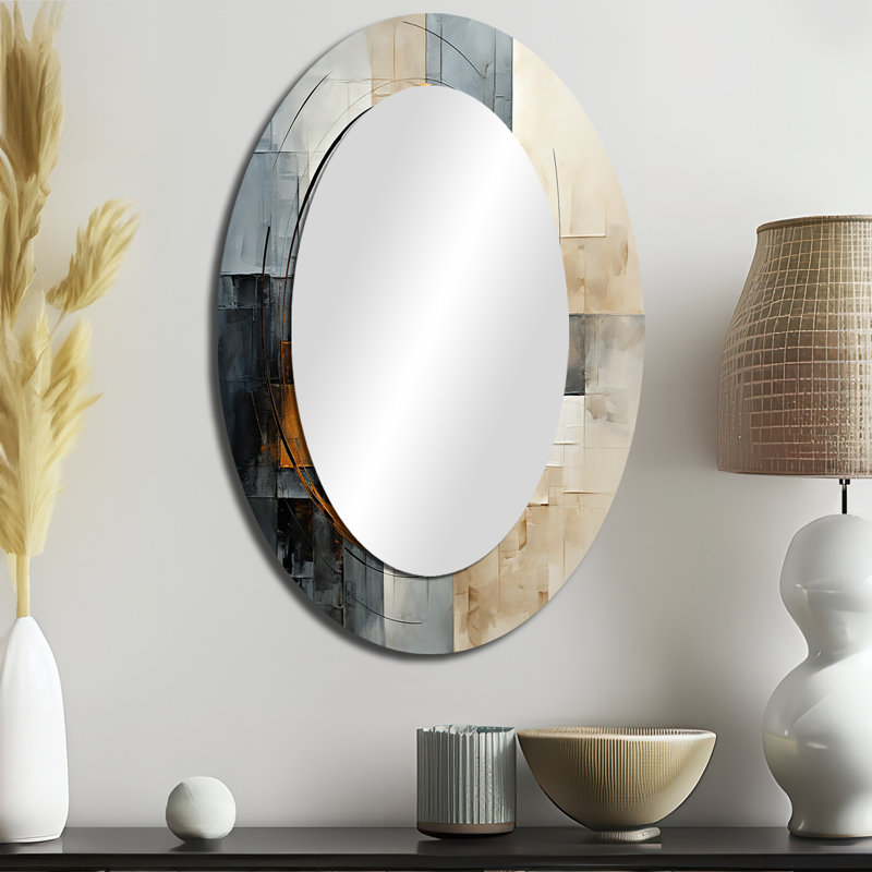 Gold Grey Gleaming Geometry VI - Modern Oval Wall Mirror, 36" x 24"