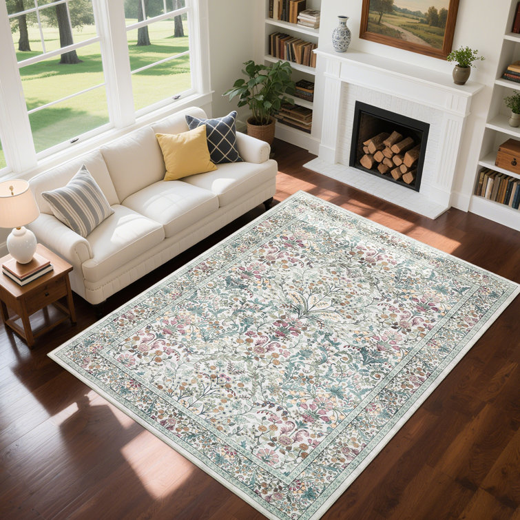 Floral Area Rugs for Living Room Washable Rugs Non Slip Boho Dining Room Carpet Vintage Botanical Print Low Pile Soft Carpet for Office Nursery Farmhouse
