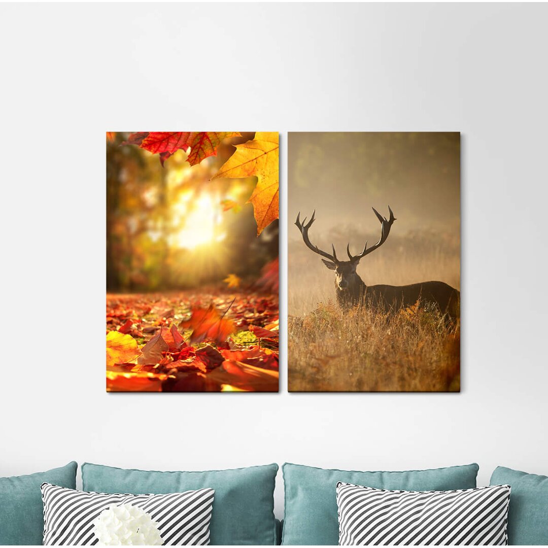 2-tlg. Leinwandbilder-Set - Fotografie „Forest Leaves Deer Autumn Peaceful Relaxing Nature”