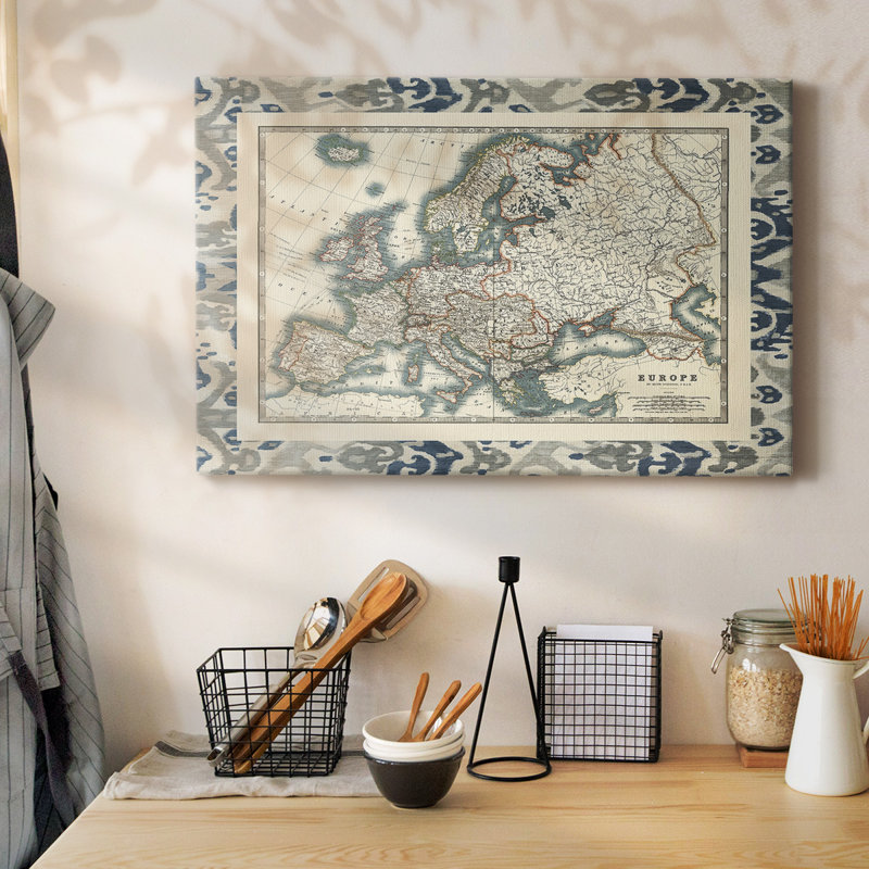 Carte bordée d'une carte de l'Europe, toile tendue avec châssis, H 40 po x l 60 po