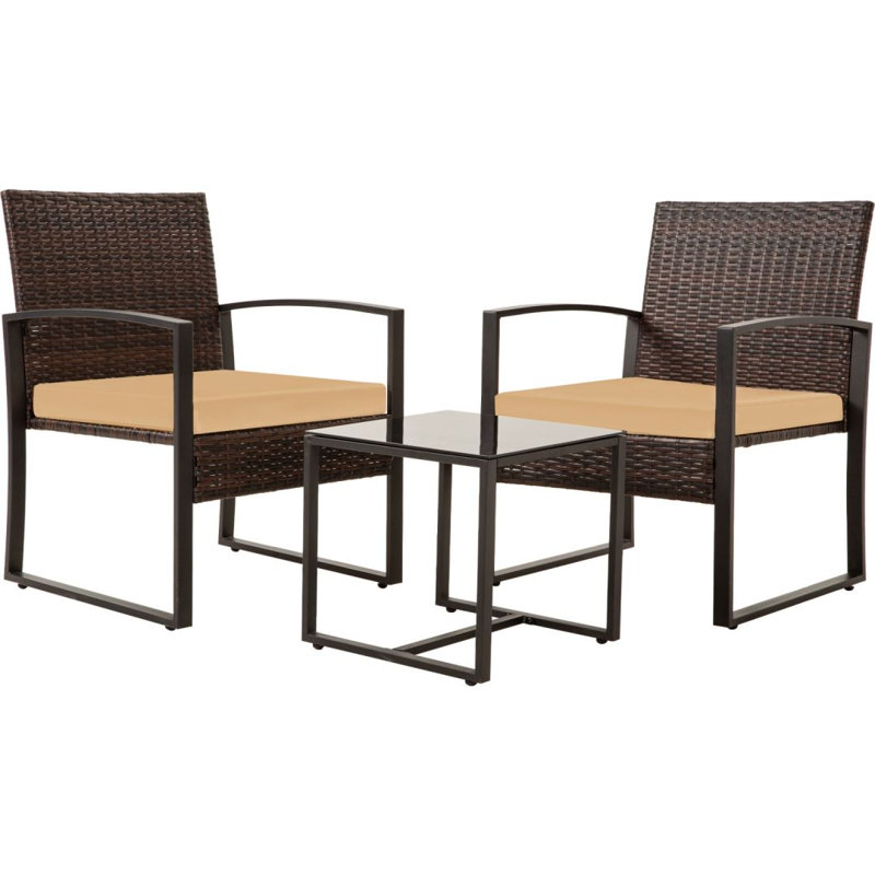 Ensemble de conversation d'extérieur en osier 3 pièces avec 2 coussins, table basse en verre, Brun, Brun