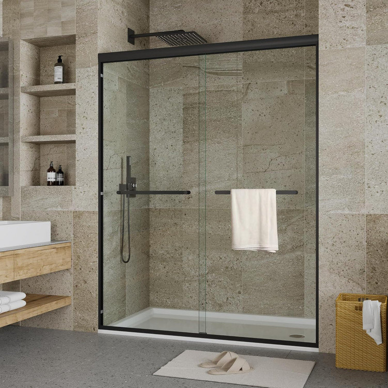 72" Frameless Sliding Shower Door 56-60" W, 8mm Tempered Glass with Explosion-Proof Film, Black