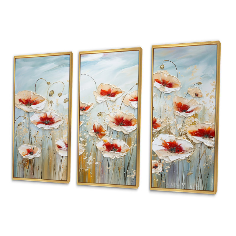 Ensemble de salon mural coquelicots rouges et gris, Cadre flottant doré, H 40 po x l 60 po x P 1 po
