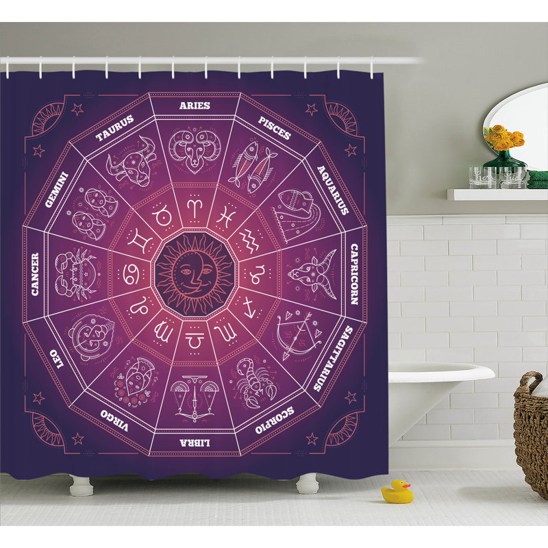 Rideau de douche mauve à signes astrological et crochets, l 69 po x L 75 po