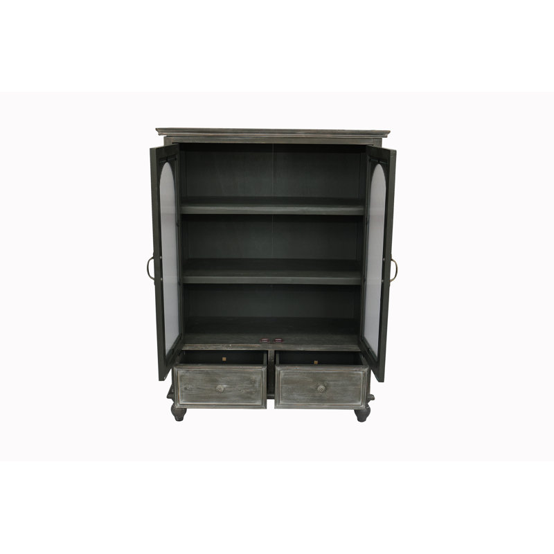 Armoire de cuisine avec 2 portes en verre et 2 tiroirs, noir + gris