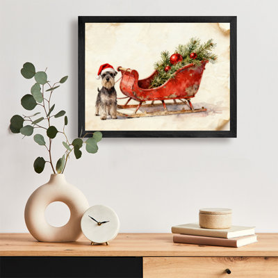 Black Framed Vintage Christmas Red Sled Tree Wall Art Christmas themed watercolor Style Framed Prints