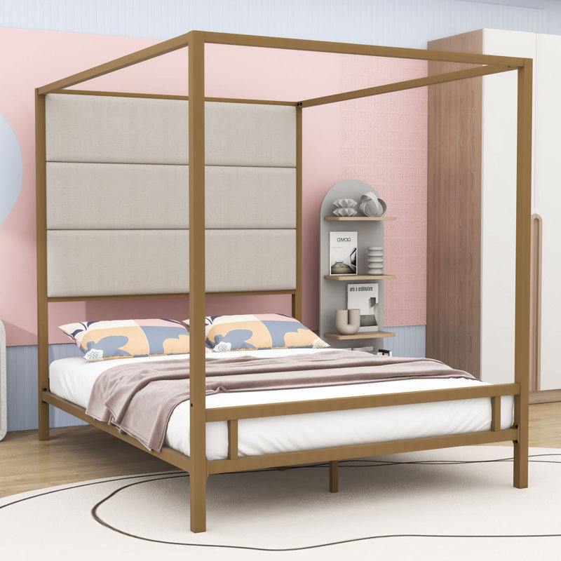  Metal Canopy Bed with Upholstered Headboard, Gold, Queen