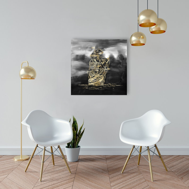 Voile sur toile, petit bateau doré | Décoration murale noire pour salle de bain