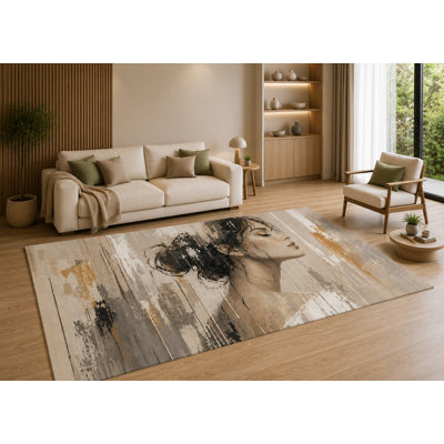 5' x 7' Abstract Woman Portrait Area Rug with Non-Slip Silicone Backing Low Pile Soft Carpet for Living Room Bedroom Office Modern Figure Art Decor