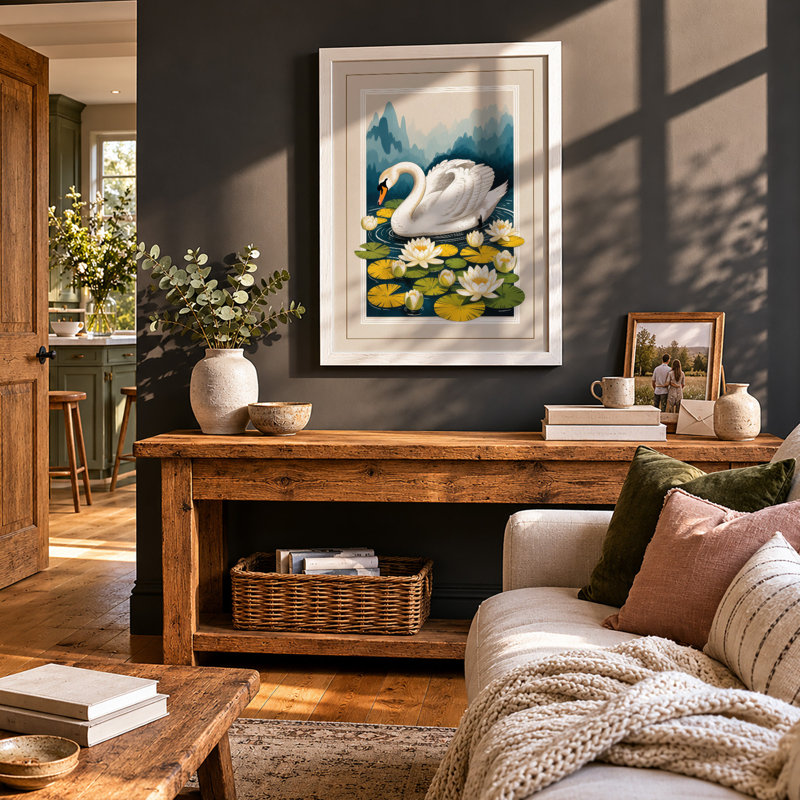 Swan Among Blossoms Botanical - Framed Print, A3 - 42.0 x 29.7 cm, White