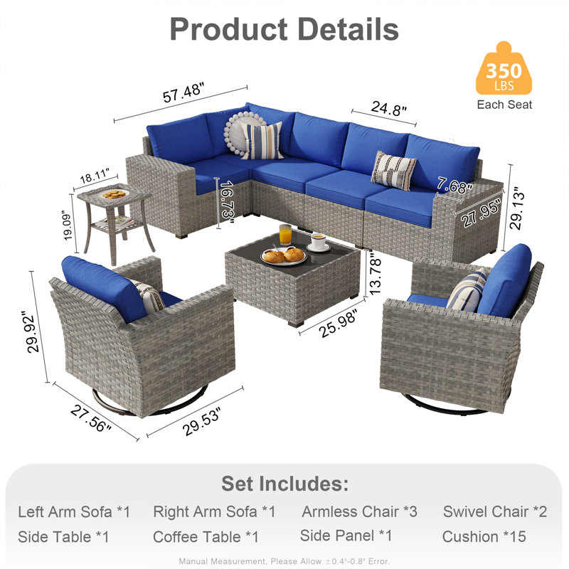 Sewilla 7 - Person Patio Conversation Set with Cushions, No, Navy