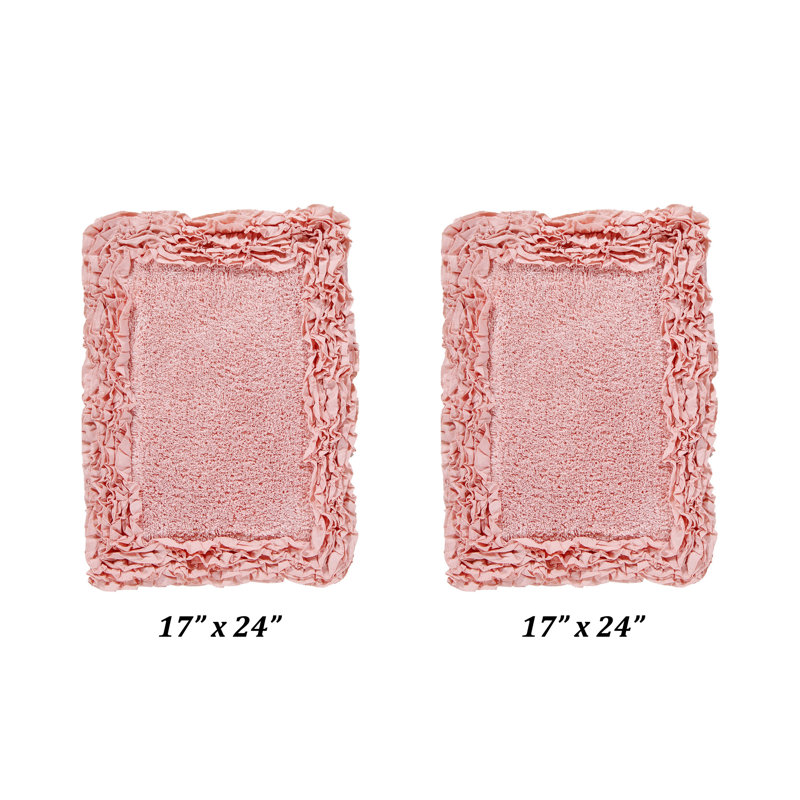 Ensemble de tapis de bain 100% coton 1775 g / m² 2 pièces Courson, certifié OEKO-TEX®, envers en latex antidérapant, motif de volants touffetés moelleux, super absorbant, tapis de salle de bain lavables à la machine, rose