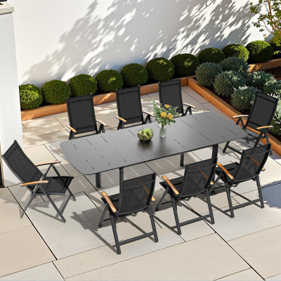 8 person 94.5'' L X 35.4'' W Aluminum Outdoor Dining Set with Extendable Rectangular Table and Folded Reclining Armchairs