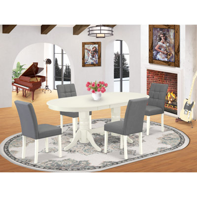 5 Piece Dining Table Set consists of a Modern Dinner Table and 4 Platinum Gray Faux Leather Mid-Century Chairs with Stylish Back- Linen White
