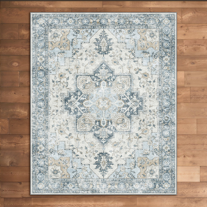 Roehit Performance Machine Washable Blue / Beige Area Rug with Non-Slip Rug Pad, Blue, Rectangle 5' x 8'