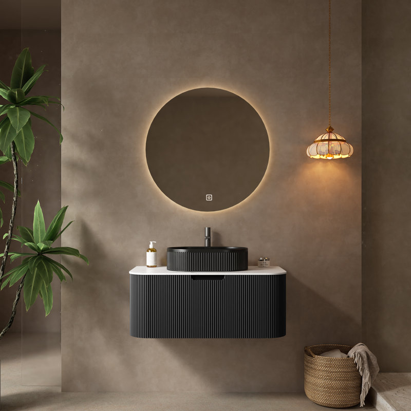 Meuble-lavabo mural moderne moderne à rebords courbés et à bords arrondis avec vasque en cermic noir, 36"