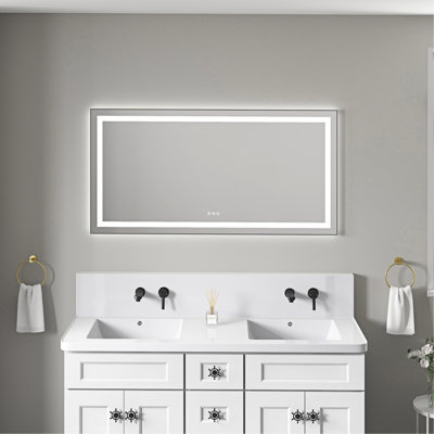Miroir de salle de bain 55 po x 28 po à DEL avec cadre en aluminium, interrupteur 3 couleurs, mémoire, gradation continue, couleur frêne, réflexion murale pour la salle de bain, contrôle de la luminosité, finition