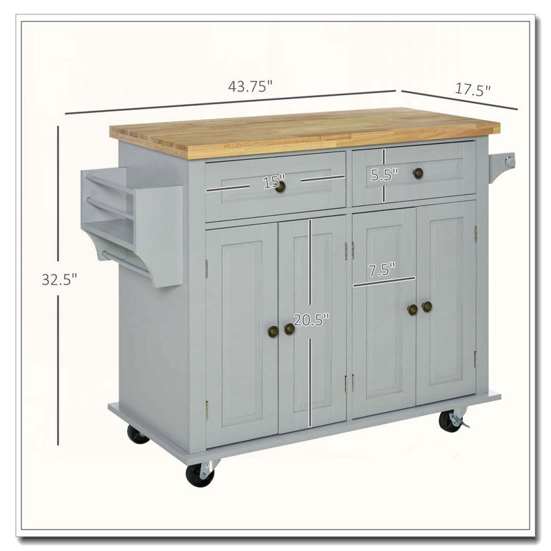 Kitchen Island on Wheels with Rubberwood Top, Gray