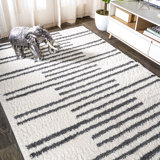 Petra Stripe Geometric Shag White/Gray Rug