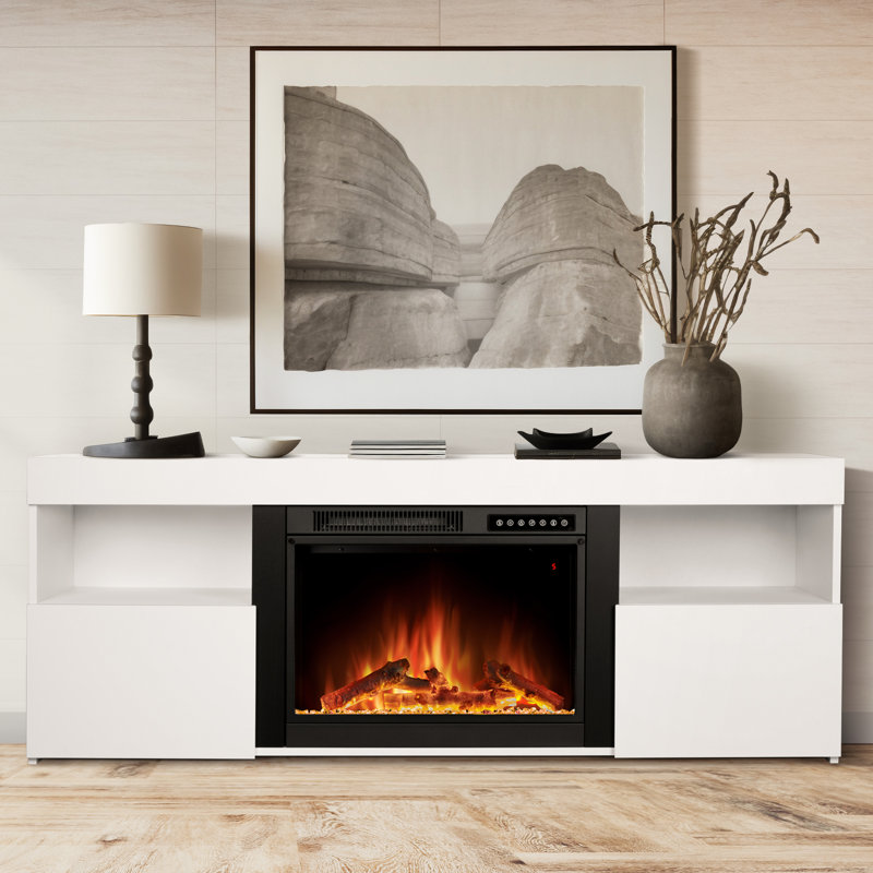TV Stand for TVs up to 60" with Electric Fireplace with Remote Control,Adjustable Real 3d Flame Brightness, White
