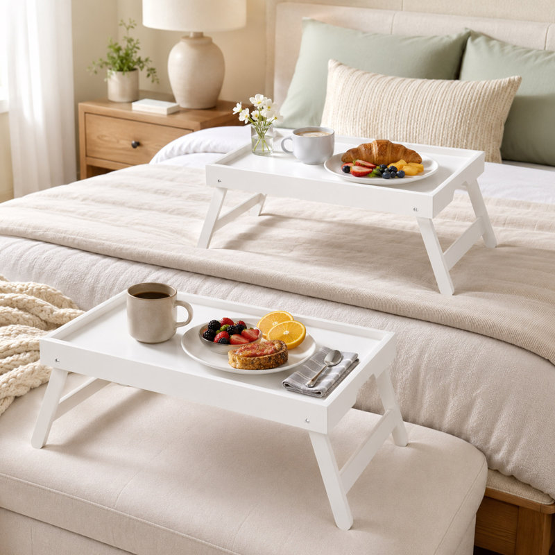 Ensemble de 2 tables-plateaux en bambou, pieds pliants, blanc, White