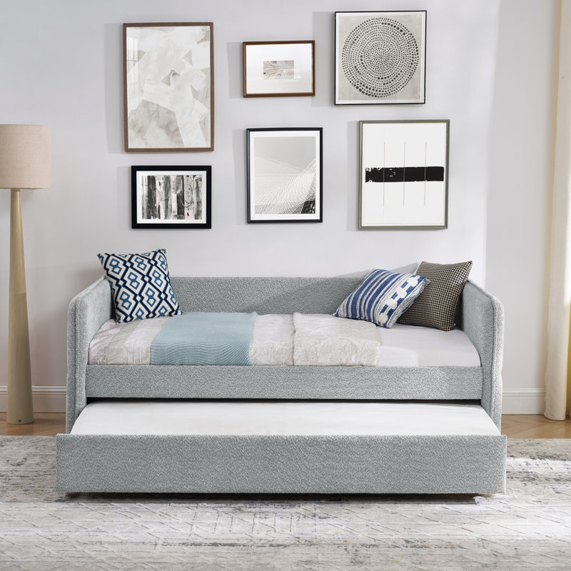Lit de jour avec couchette rembourrée et capitonnée, tissu Boucle (lit de jour), Lit simple