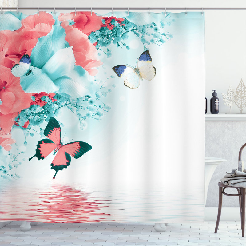 Ensemble de rideau de douche floral et crochets, H 84 po x l 69 po, Bleu pâle