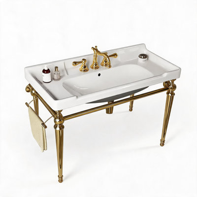 Console de lavabo mural en céramique dorée et blanche de 91 cm (36 po) avec pattes de support en acier inoxydable et porte-serviettes