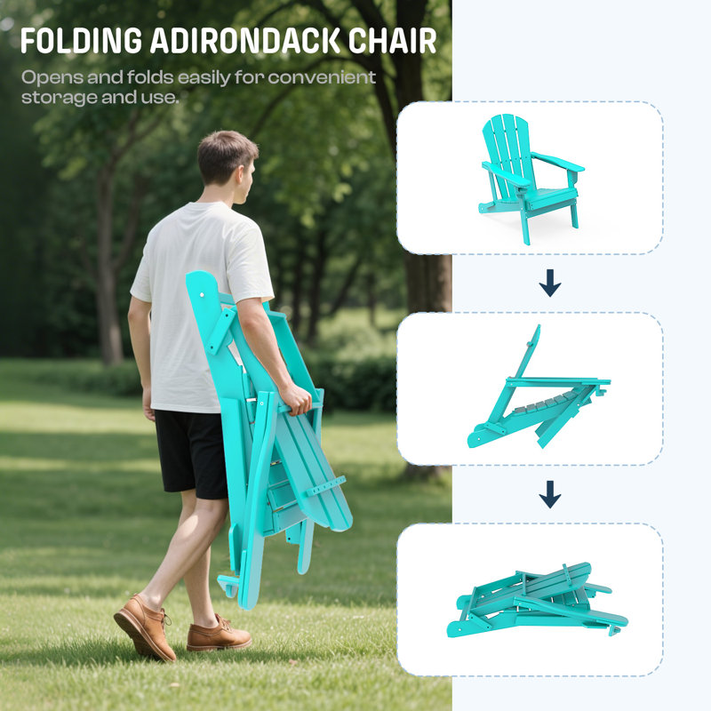 Set Of 2 Folding Adirondack Chairs With Cup Holder, All-weather Hdpe, Teal