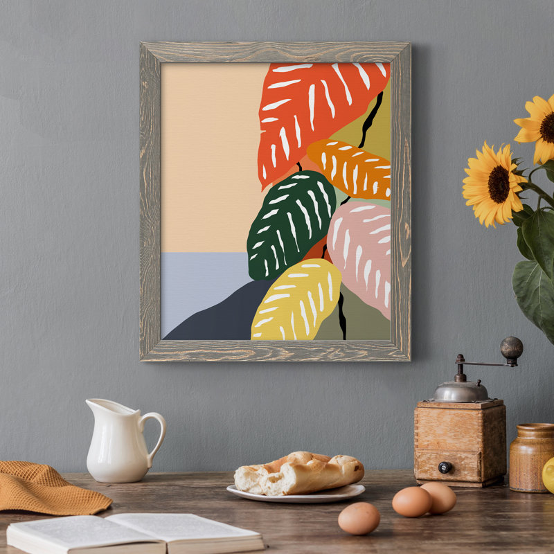 Plante tropicale II - peinture sur toile encadrée, Encadré gris, H 20 po x l 17 po x P 1,5 po