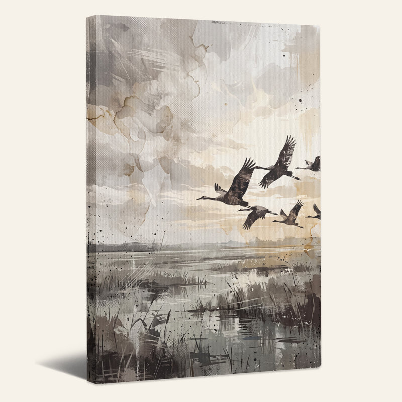 Grues volant au-dessus des marais, toile murale d'Halloween beige et grise, 30"H x 20"W