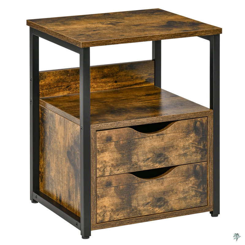 Industrial Side Table With 2 Drawers, Storage Shelf, Accent Sofa Table With Groove Handle And Frame