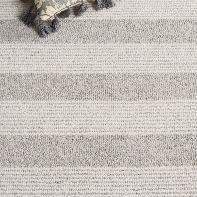 Laine de pin touffetée à la main 801 Coton Tapis rayé en latex beige / ivoire, Rectangle 8 pi x 10 pi