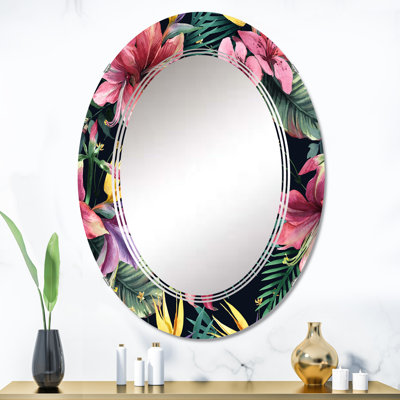 Fleurs tropicales rouge foncé et feuilles sur fond noir - miroir mural tropical