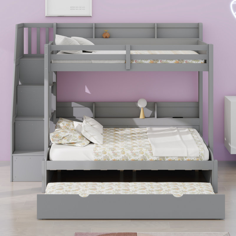 Lit superposé avec escalier de rangement, lit gigogne, tablettes de rangement, DEL et USB, Gris