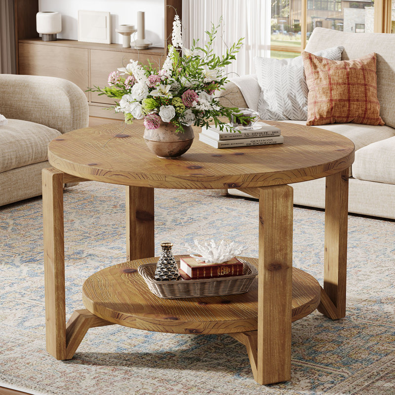 Table basse ronde de 30 po en bois massif avec rangement à 2 niveaux
