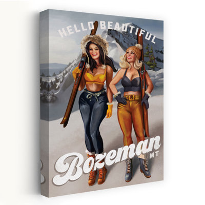 Hello Beautiful Bozeman Montana Ski Pinup Girls Retro Vintage Abstract Mountain Winter Wall Art Print 1 Piece Wrapped Canvas Wall Art