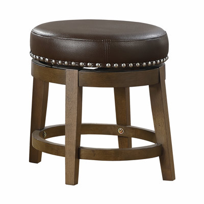 Round Swivel Stools Set Of 2, Brown Faux Leather 360-Degree Swivel Seat Nailhead Trim Solid Wood Frame Brown Finish Transitional Style Furniture