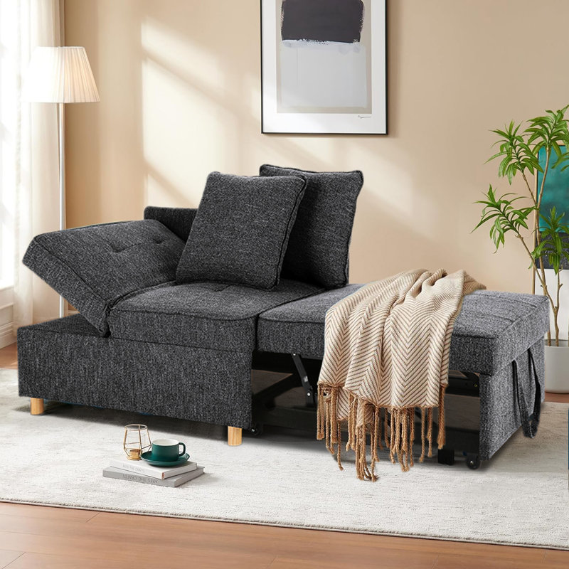 Adda 71" 4-in-1 Convertible Linen Upholstered Sleeper Sofa, Linen Sofa Chair for Small Space, Futon Sofa Bed with 2 Throw Pillows for Living Room, Single Recliner with 5 Adjustable Backrest for Bedroom Apartment
