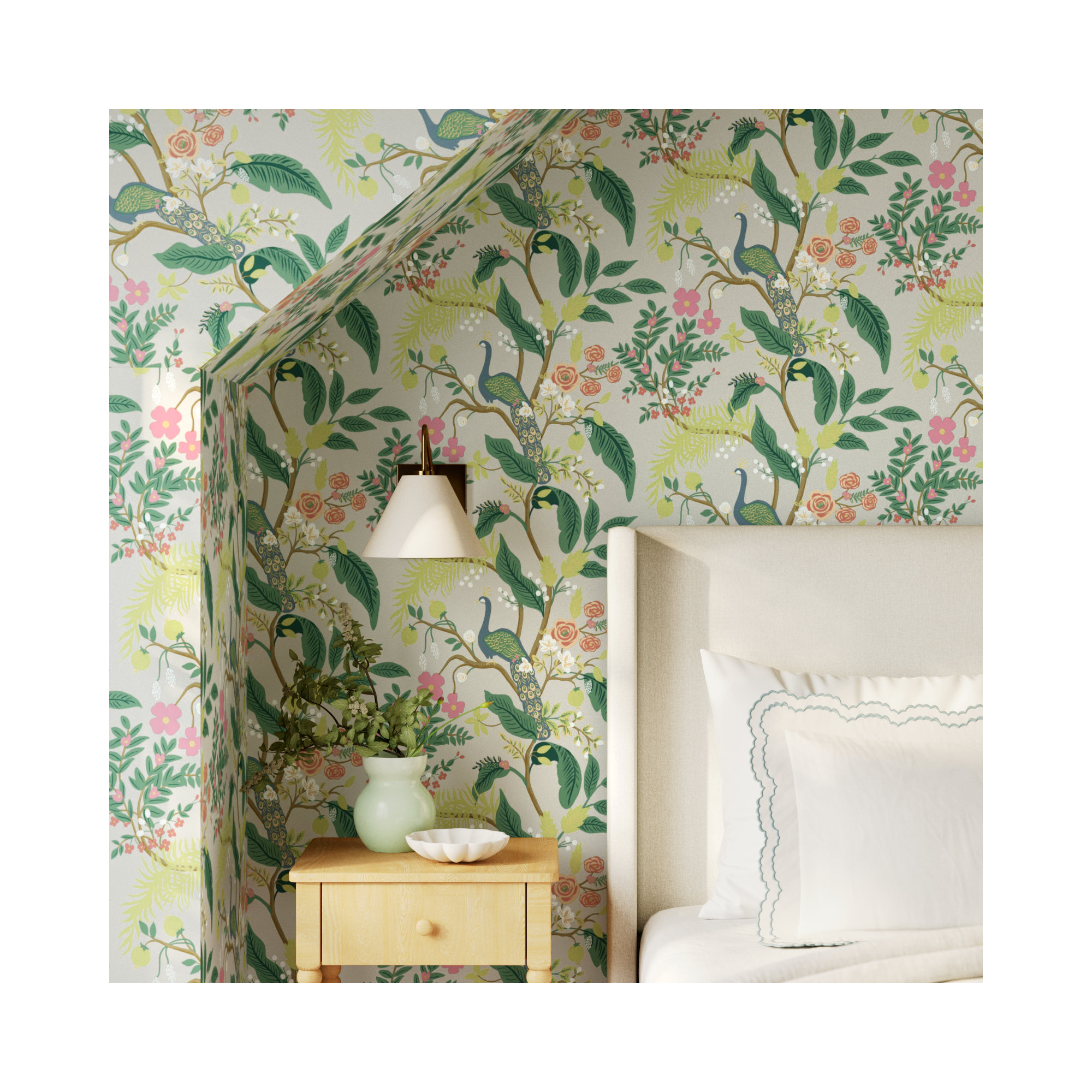 Rifle Paper Co. Peacock 27' x 27" Wallpaper Roll, Green/Ivory