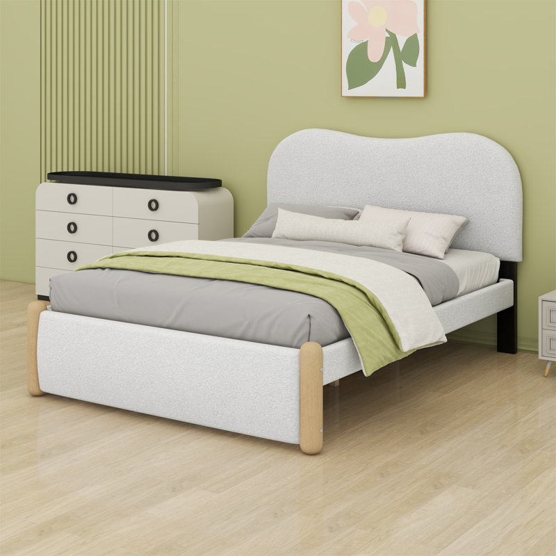 Lit plateforme tapissier avec pieds de soutien en bois et lit gigogne, Blanc