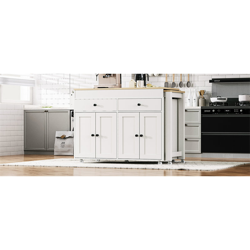 Îlot de cuisine avec table de salle à manger extensible K&K, Blanc cassé