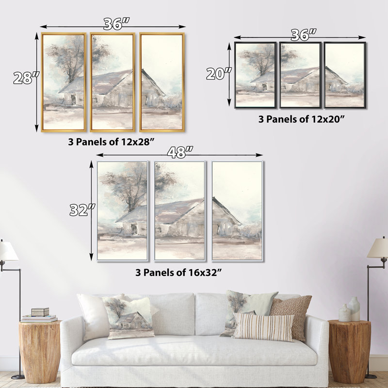 Ensemble de 3 reproductions d'art sur toile encadrées Farmhouse Barn Gray III, Noir, H 28 po x l 36 po x P 1 po