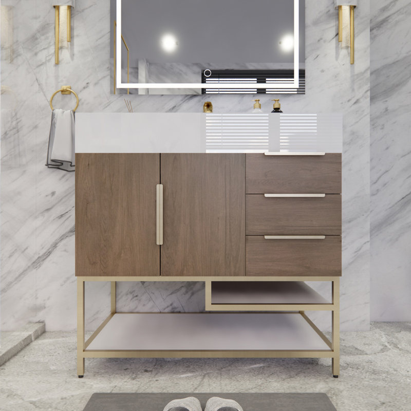 Ensemble de meuble-lavabo simple 36 po Glasgow, Blanc brillant, Chêne clair
