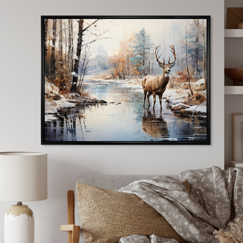 Cerf hiver sérénade - art mural grand cerf, H 24 po x l 32 po x P 1 po, Cadre flottant noir