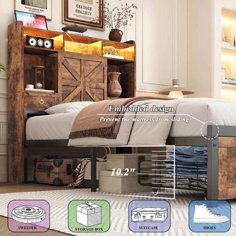 Twin Size Farmhouse Industrial Storage Bed with Extra Lager Footboard Drawers and Storage Headboard, USB&AC Charging Station, APP & Remote RGB Lights, Noise-Free, No Box Spring Needed, Platform Bed