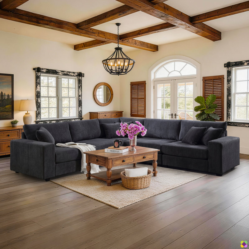  Wartow 108.5"W Corduroy Upholstered 5 - Piece Sectional, RAF, LAF, Symmetrical, Dark Gray Corduroy