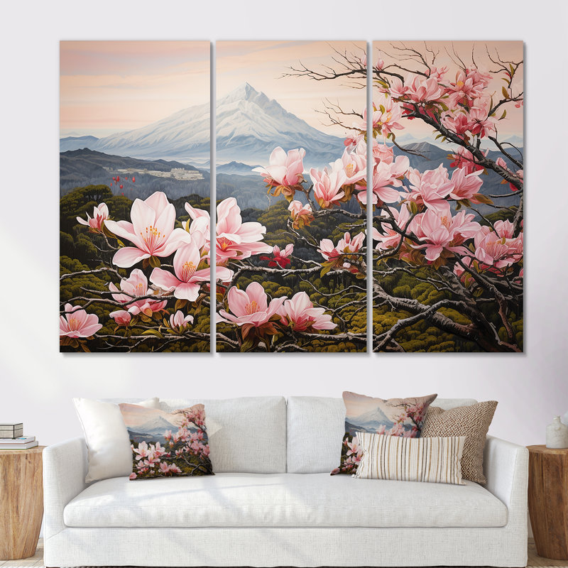 «Magnolias Charm In Mountain Scenery» - Ensemble de décorations murales Magnolias, Toile tendue, H 28 po x l 36 po x P 1 po