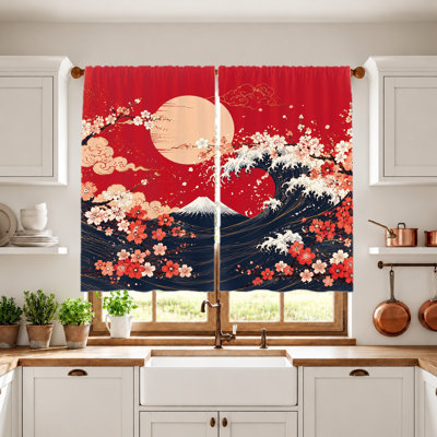 2Pcs Japanese Wave Cherry Blossom Mount Fuji Curtains, Light Filtering Fabric, Vintage Artistic Design, Sunshade and Privacy Protection, Rod-Pocket Style, for Living Room, Bedroom, Balcony, Kitchen Home Decor